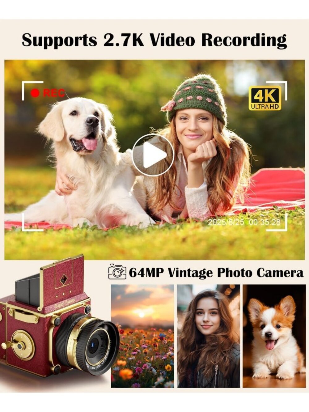 64MP Retro Digital Camera, 2.7K Point & Shoot, Autofocus, 16X Zoom, Compact for - Picture 7 of 9